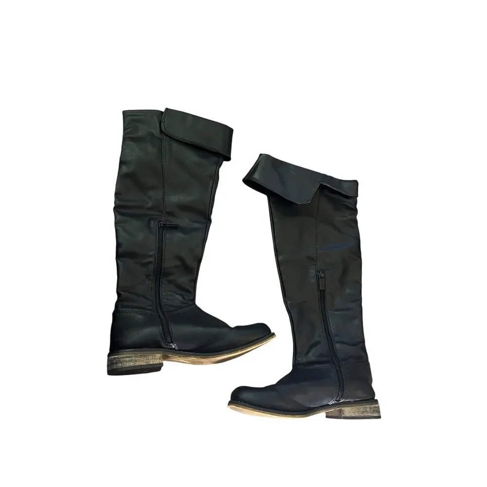 Breckelle’s Over The Knee Boots Foldover Riding Faux Leather Black 7